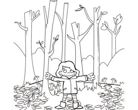 Kostenlose Malvorlage Herbst: Junge im Herbstwald zum Ausmalen