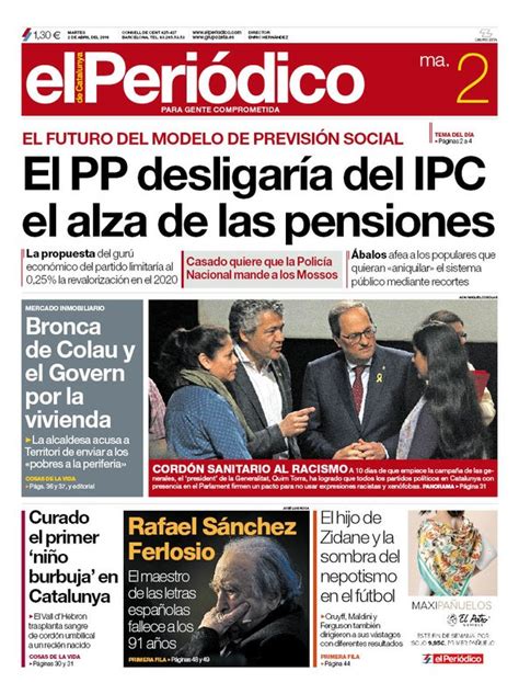 La portada de EL PERIÓDICO del 2 de abril del 2019