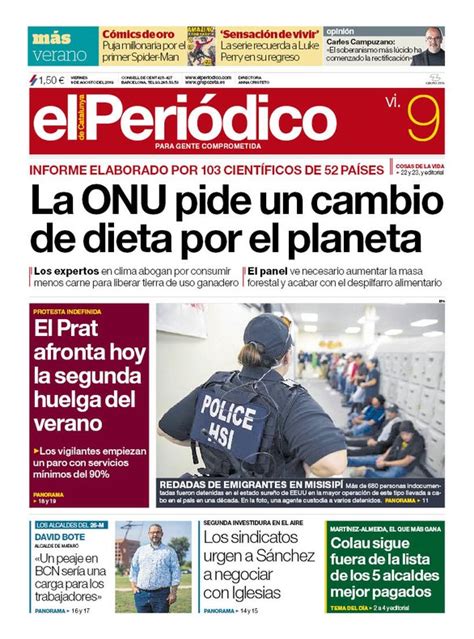 La portada de EL PERIÓDICO del 9 de agosto del 2019