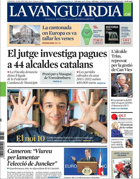 La portada de La Vanguardia en català del dissabte 28 de juny de 2014