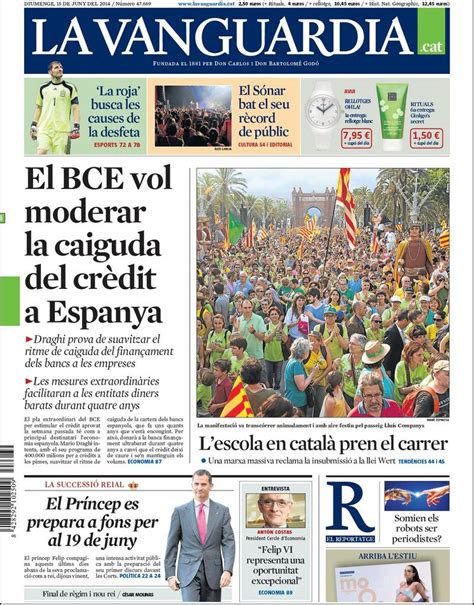 La portada de La Vanguardia en català del diumenge 15 de juny de 2014