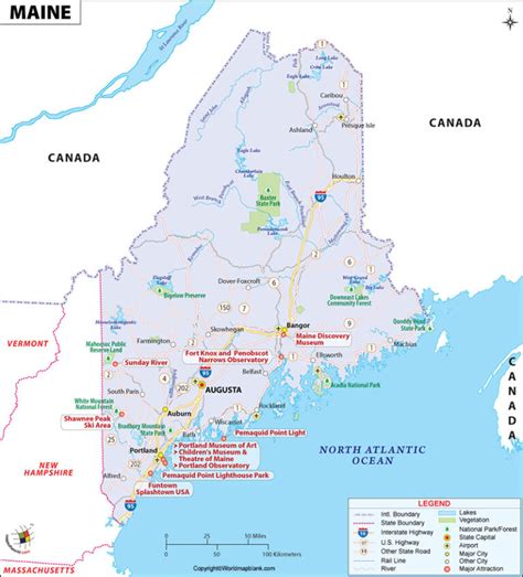 Labeled Map of Maine with States, Capital & Cities