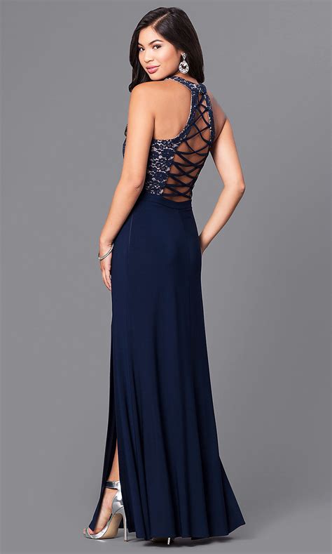 Lace Bodice Navy Blue Long Prom Dress   PromGirl