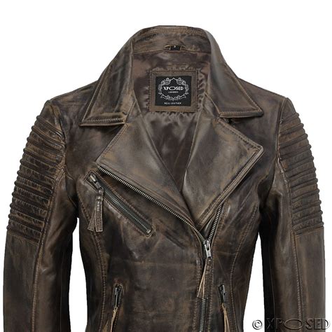 Ladies Women Vintage Style Soft Washed Real Leather Biker ...