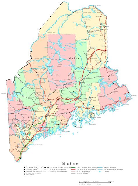 Laminated Map   Printable political Map of Maine Poster 20 ...