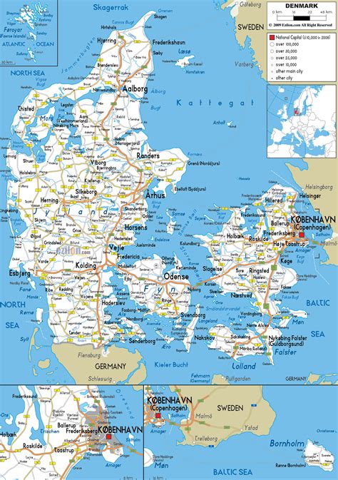 Large detailed road map of Denmark with all cities and ...