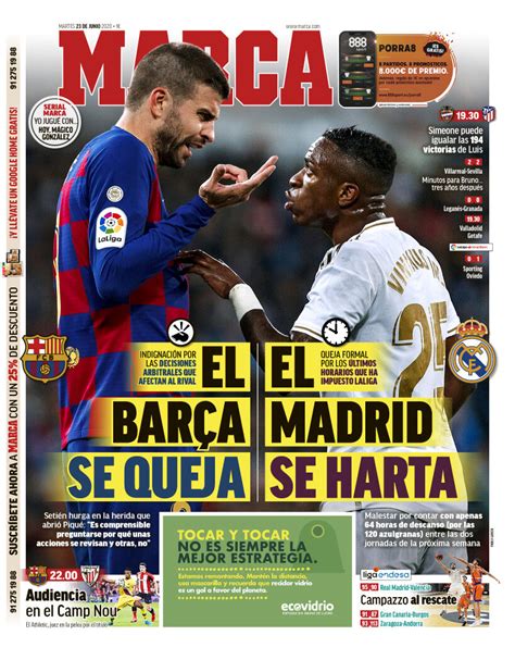 Las portadas:  El Barca se queja, el Madrid se harta ,  VARbena ...