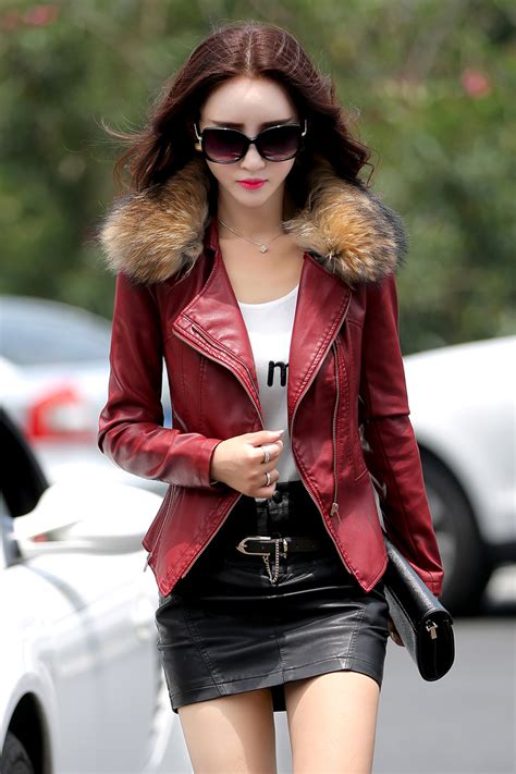 Leather Coat Women Real Fur Collar Fashion Lady motocycle ...