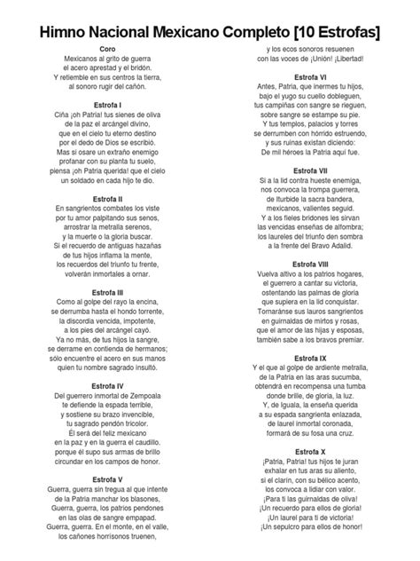 Letra Del Himno Nacional Completo | Entretenimiento  General  | Música