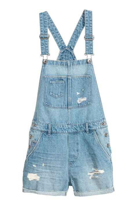Light denim blue. Bib overall shorts in washed denim with distressed ...