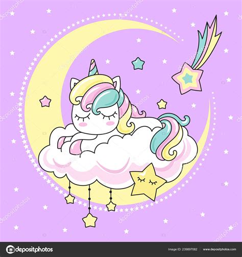 Lindo Pequeño Kawai Unicornio Arco Iris Durmiendo Una Nube ...