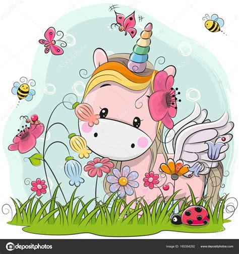 Lindo unicornio de dibujos animados en un prado — Vector ...