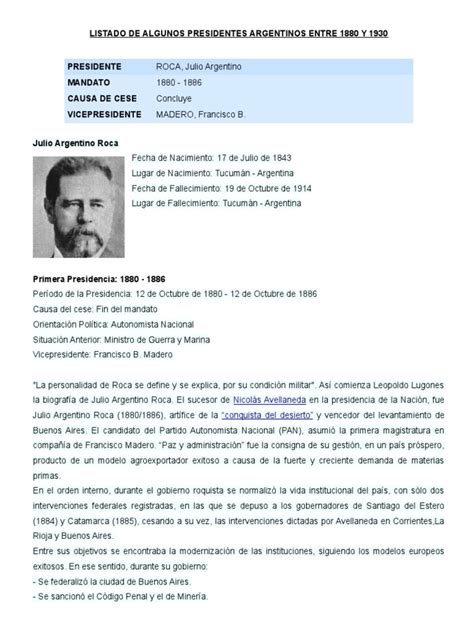 Listado de Presidentes Argentinos Entre 1880 y 1930 | Argentina | Gobierno