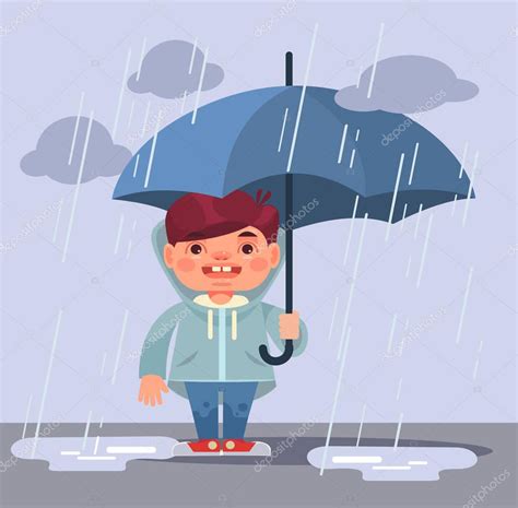 Little boy character under rain. Vector flat cartoon illustration ...