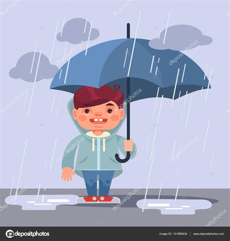 Little boy character under rain. Vector flat cartoon illustration Stock ...