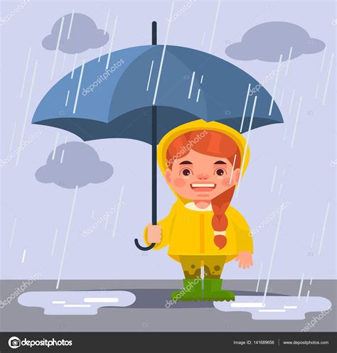 Little girl character under rain. Vector flat cartoon illustration ...