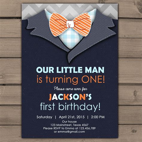 Little Man Birthday Invitation Baby Boy Invite Blue gray