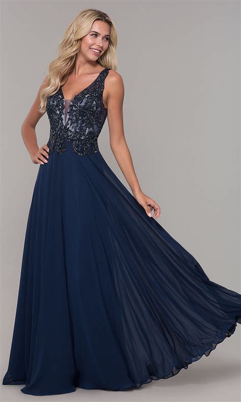 Long Navy Blue Prom Dress with Beaded Bodice  PromGirl