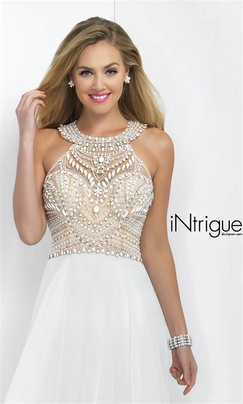 Long White Beaded Prom Dress by Blush   PromGirl