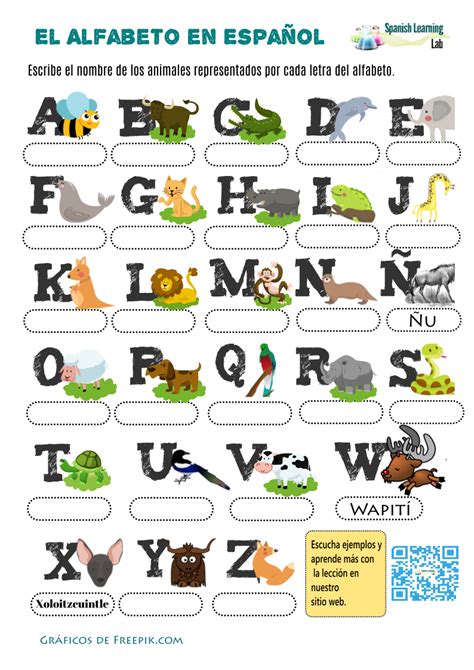 Los animales y el alfabeto en español: hoja de trabajo ...