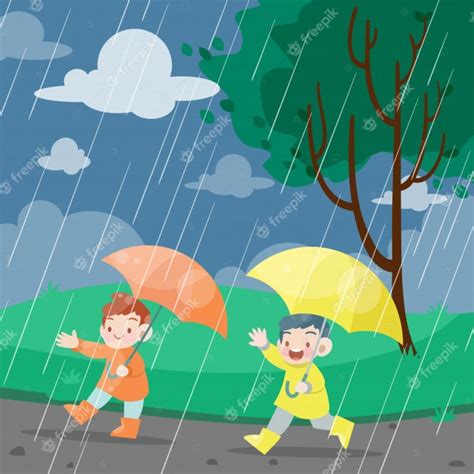 Los niños juegan en la ilustración de vector de día lluvioso | Vector ...