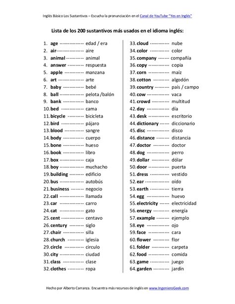 Los sustantivos mas usados en el idioma ingles