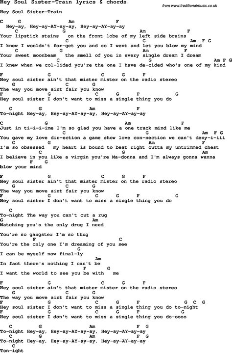 Love Song Lyrics for: Hey Soul Sister Train with chords ...