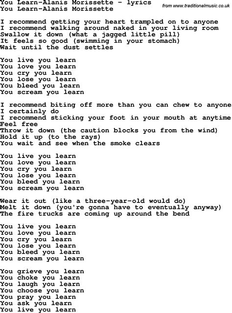 Love Song Lyrics for:You Learn Alanis Morissette