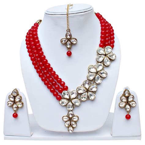 Lucky Jewellery Designer Red Color Three Layered Pearl Necklace Set For ...