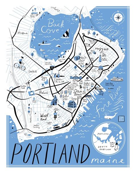 Maine map, Illustrated map, Portland maine