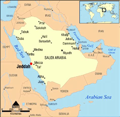 Map of Saudi Arabia showing the location of Jeddah city ...