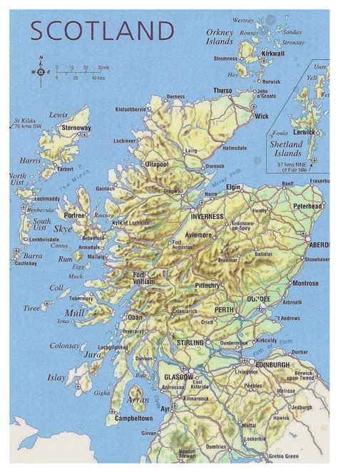 Mapa de Escocia con relieve, carreteras, principales ...