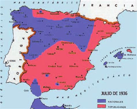 Mapa de España en julio de 1936 que muestra las zonas ...