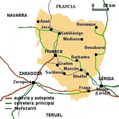 Mapa de la provincia de Huesca, con las principales ciudades y ...