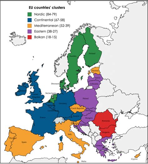 Mapa de las cinco Europas. Tipología de países de la UE ...