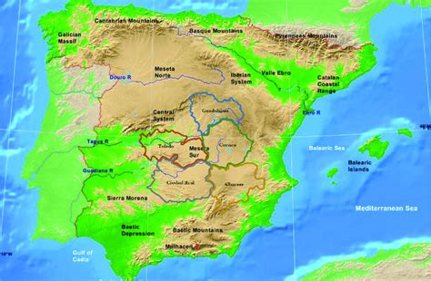 Mapa geográfico físico de la Península Ibérica, donde las ...