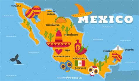 Mapa Ilustrado De México Con Elementos Tradicionales   Descargar Vector