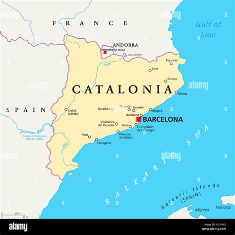 Mapa político de Cataluña con capital barcelona, fronteras y ciudades ...