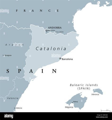 Mapa político de Cataluña con capital Barcelona y fronteras. Comunidad ...