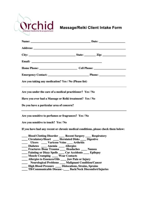 Massage/reiki Client Intake Form printable pdf download
