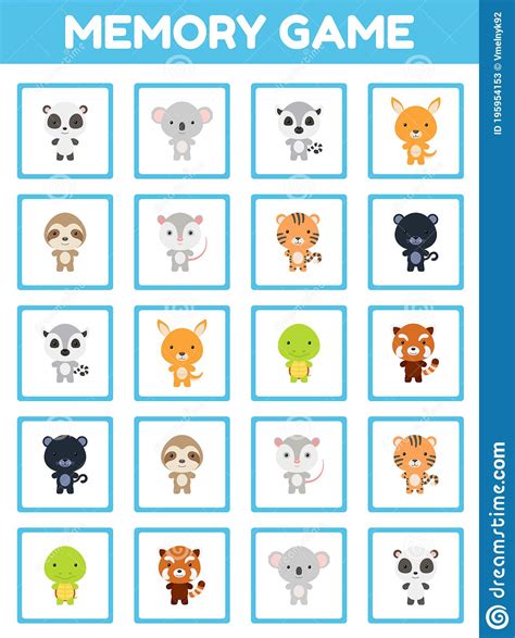 Memory Game With Cute Set Cartoon Animals. Cards Game Find Two Two ...