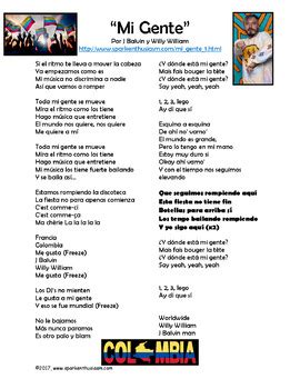 Mi Gente   Spanish Song Lyrics and Activities Unit   J ...