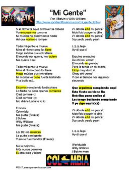 Mi Gente   Spanish Song Lyrics and Activities Unit   J ...