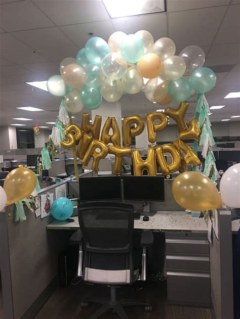 Mint green and gold desk birthday decorations | Cubicle ...