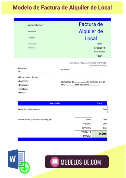 Modelo de Factura de alquiler de local en Word y Excel