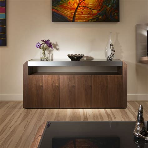 Modern Walnut Sideboard Cabinet Buffet Black Glass Top 1 ...