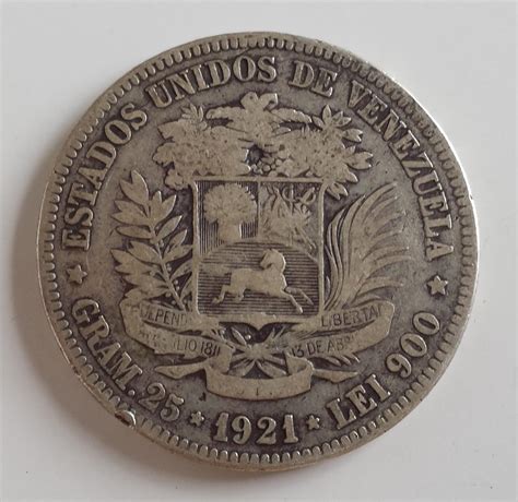 Moneda Venezuela 5 Bolivares De Plata 1921   Bs. 0,09 en ...