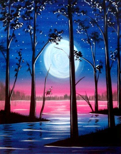 Moon over the river painting with trees showing d ...