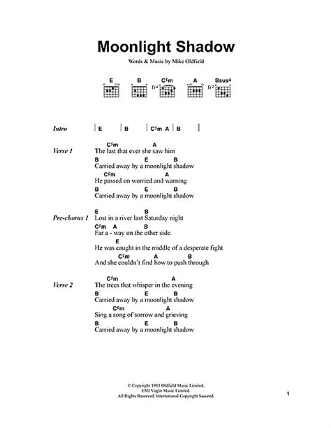 Moonlight Shadow noten von Mike Oldfield  Text & Akkorde ...