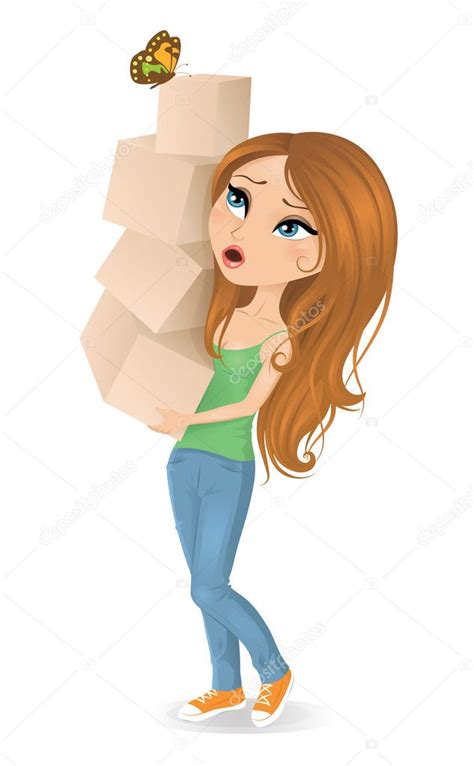 Mudanza animada | Linda dibujos animada mujer sosteniendo cajas de ...